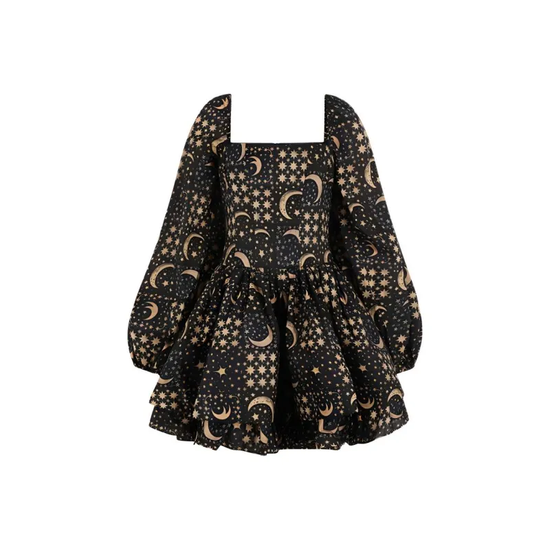 Selkie Collection FW24 Long-Sleeved Dresses Women's Navy Blue Moon And Stars Plaid Print-0