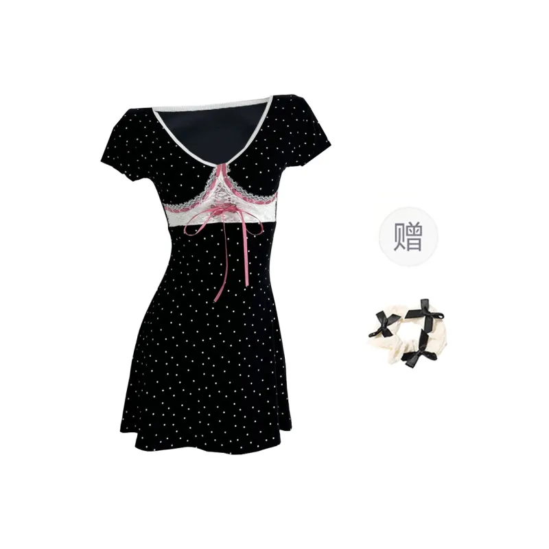 TORIGHT Short Sleeved Dress Women's Black+Bowknot Hair Tie Comes With-0