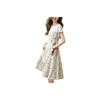 Mo Han Yi Mei Short-Sleeved Dresses Women's Yellow Base With Green Flowers