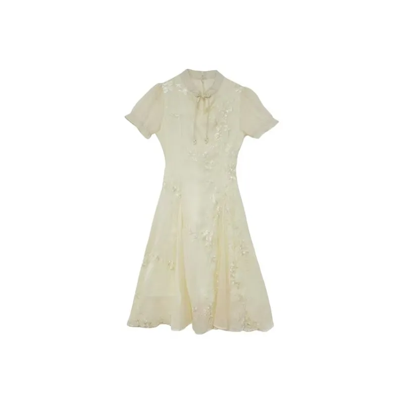 HUINIAN Short Sleeved Dresses Women's Beige New Chinese Style Dress-0