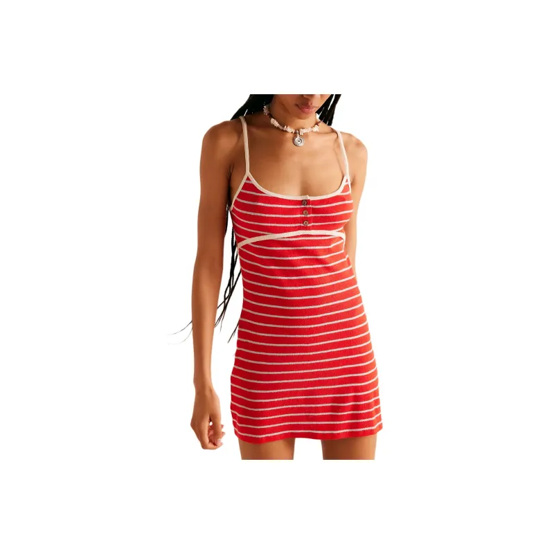 FREE PEOPLE Jayla Cotton-Linen Mini Slip Dresses Women's Red Combo/Red Combination-0