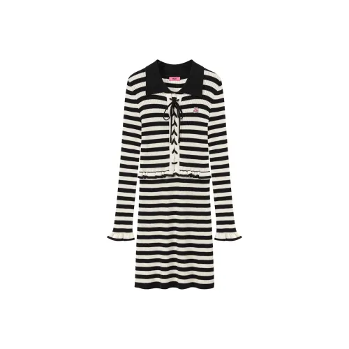 CHUU Long-Sleeved Dresses Women's Black White Stripes