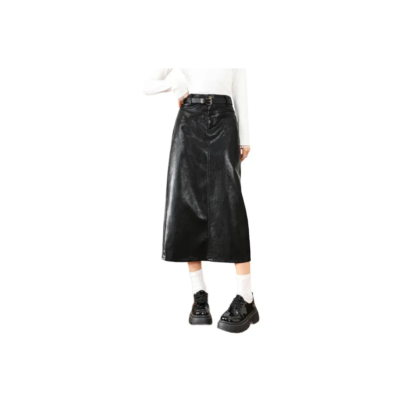 FAWENXIANGZI Leather Long Skirt Women's-0
