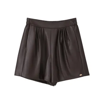 Fstudio Fall And Winter Vintage Solid Color Pu Leather Casual Shorts Women's Coffee