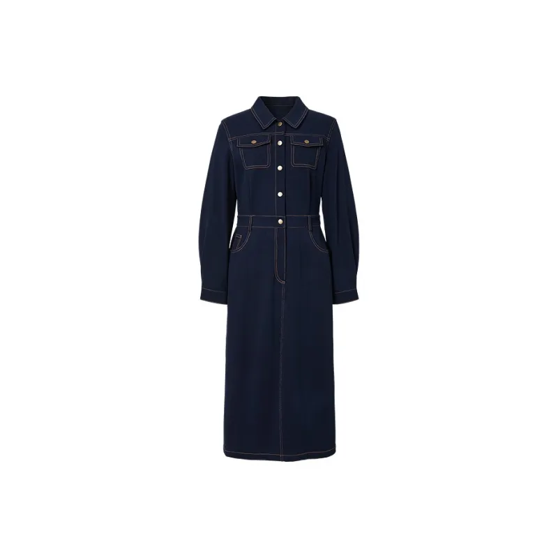 Hopeshow Long Sleeved Dress Women's Dark Denim Blue-0