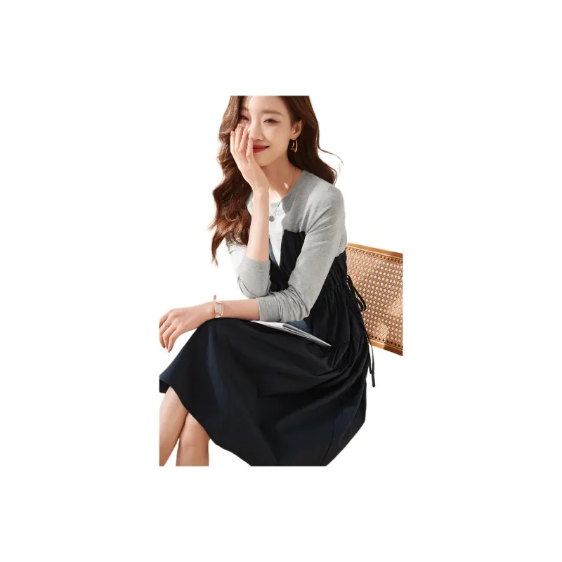 Mo Han Yi Mei Long Sleeved Dress Women's Navy Blue-0
