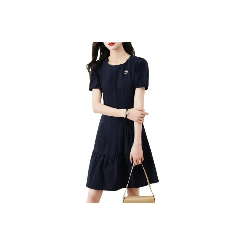 Mo Han Yi Mei Short Sleeved Dresses Women's Navy Blue-0