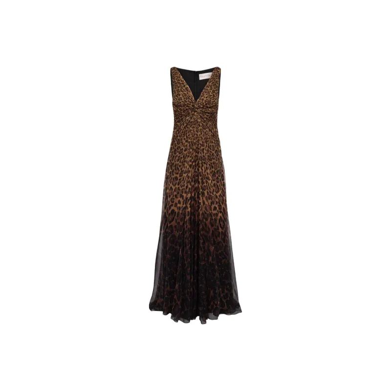 Valentino Leopard-Print Silk Gown Sleeveless Dress Women's Brown-0