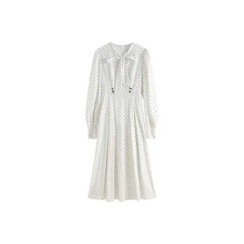 HDFULERN Long-Sleeved Dresses Women's White Black Polka Dot