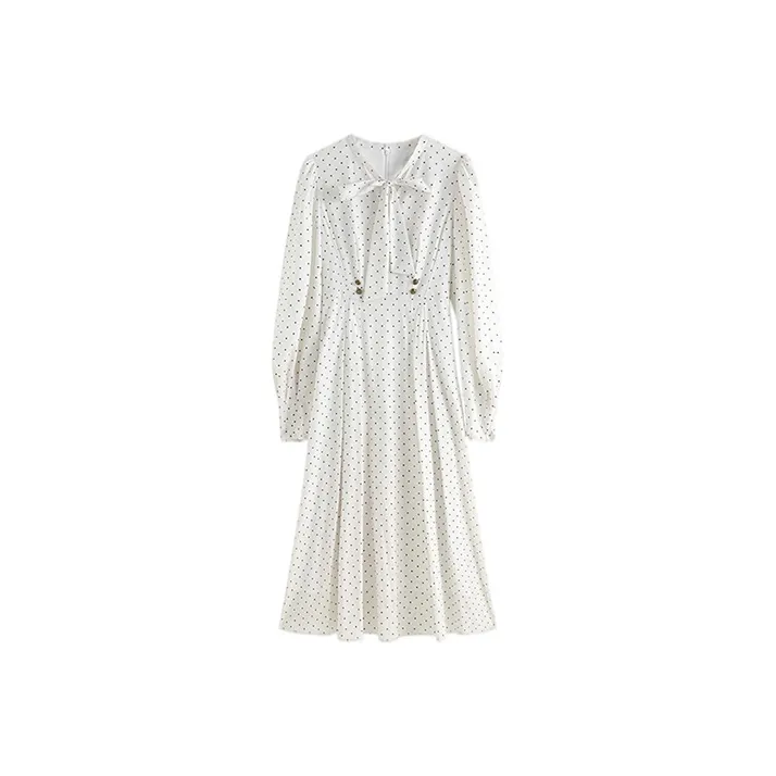 HDFULERN Long-Sleeved Dresses Women's White Black Polka Dot-0