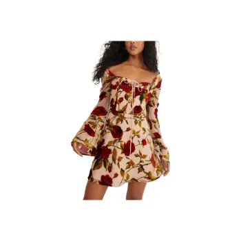 NASTY GAL Rose Devore Long Sleeve Lace Up Skater Mini Dress Long-Sleeved Dresses Women's Blush Color