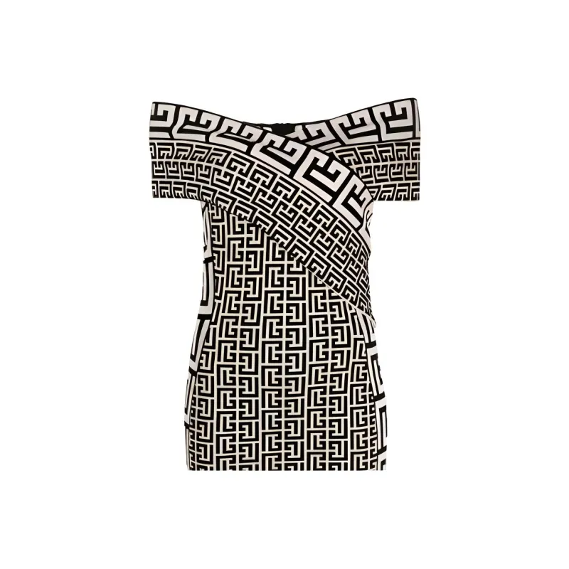 BALMAIN Monogrammed Denuded Shoulder Mini Dress-0