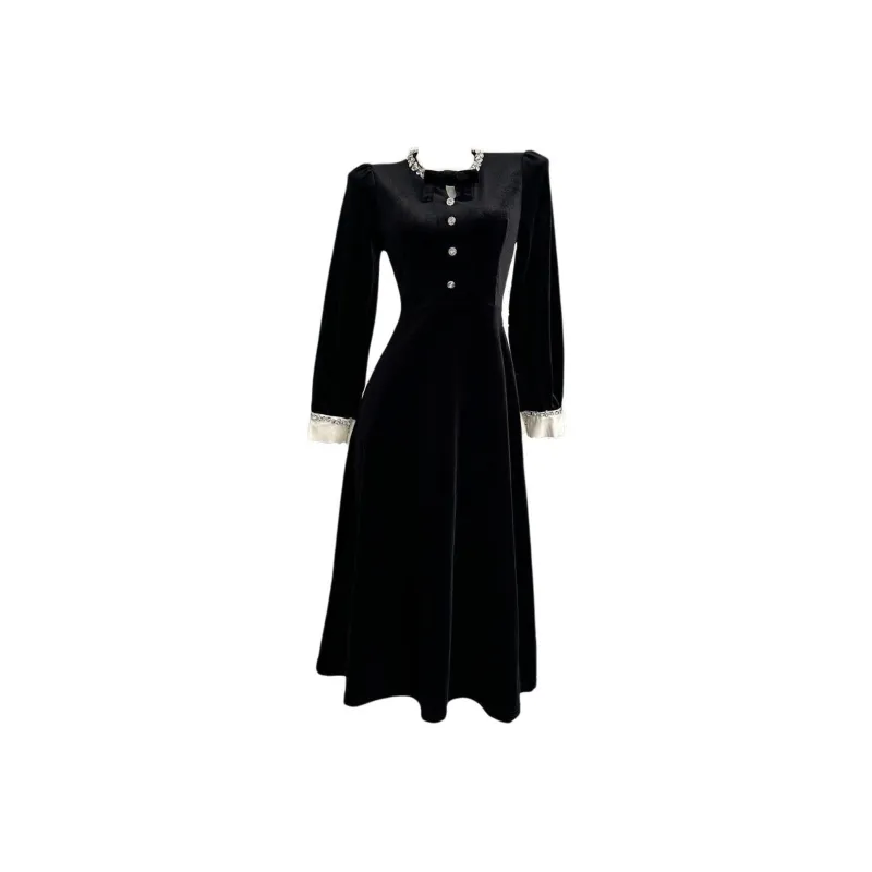 SECFLY OFFICIAL Long Sleeved Dresses Women's Velour Black-2