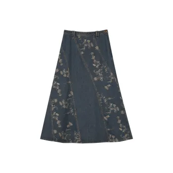 SOLIGHTER Denim Long Skirts Women's Vintage Jacquard