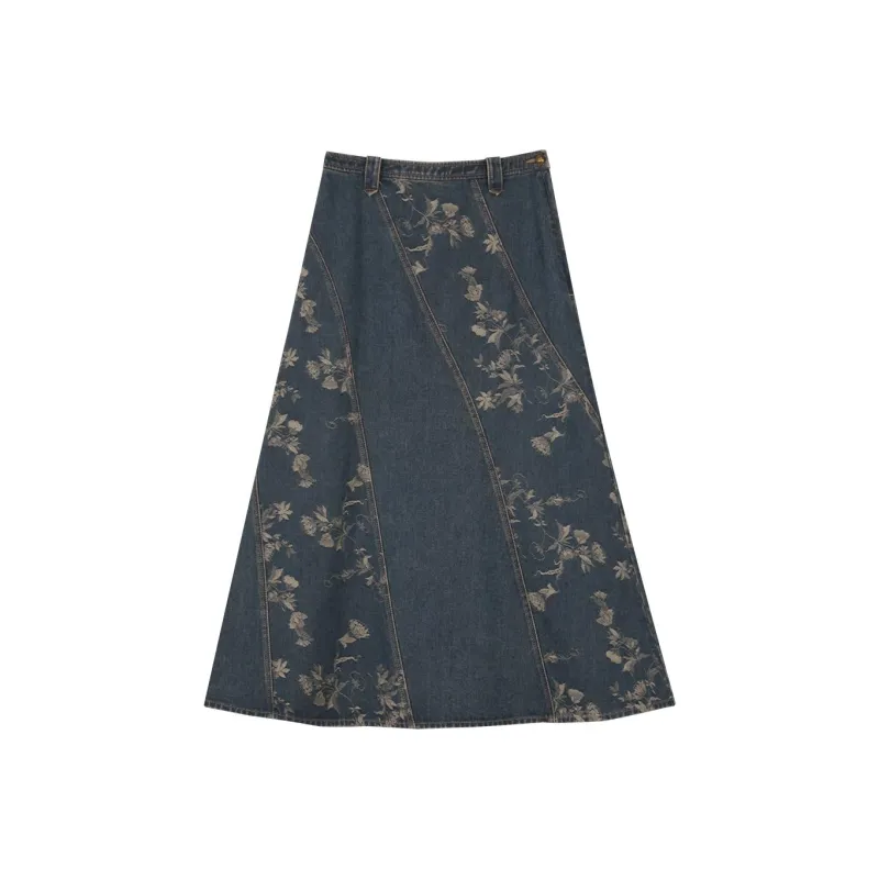 SOLIGHTER Denim Long Skirts Women's Vintage Jacquard-0