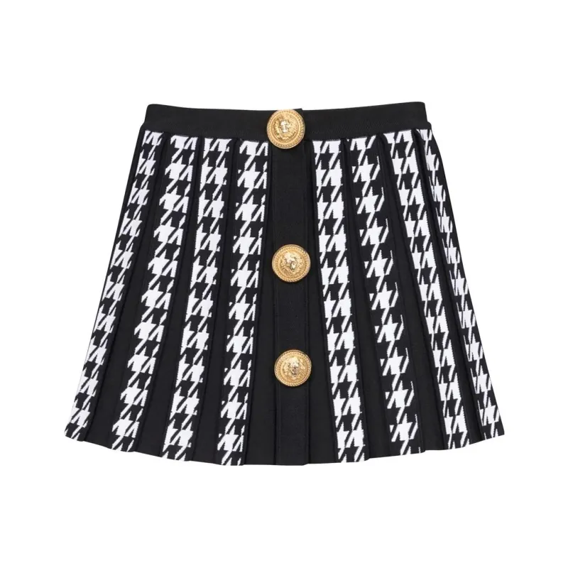 BALMAIN Houndstooth Pleated Knit Mini Skirt 'Noir/Blanc'-0