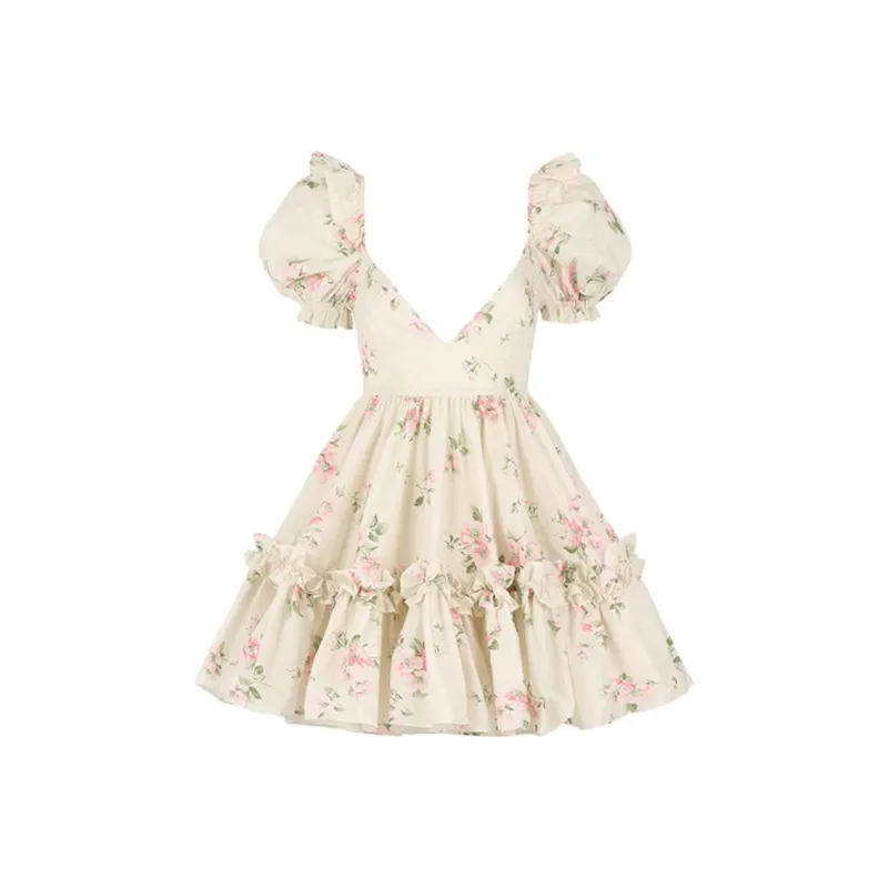 Selkie Short Sleeved Dresses Women's Milk White With Summer Petal Print-0