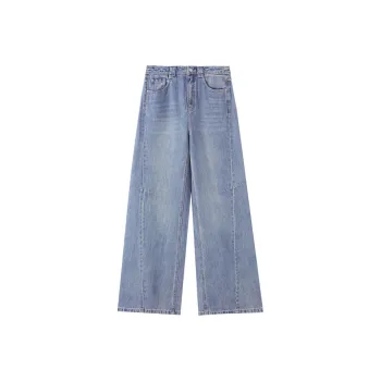 SHUIYUNJIAN High Rise Straight Fit Wide Leg Pants Women's Denim Blue