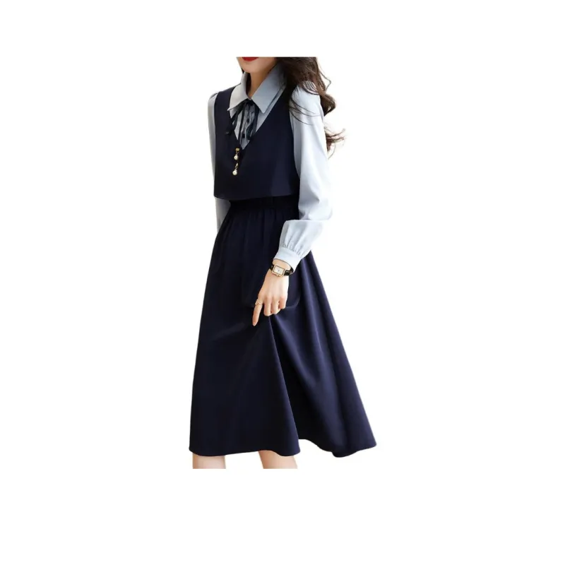 Mo Han Yi Mei Long Sleeved Dress Women's Navy Blue & Blue-0