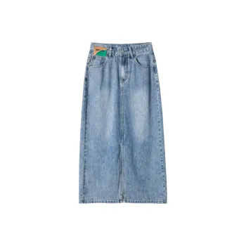 FAWENXIANGZI Denim Long Skirt Women's Vintage Blue