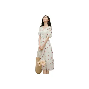 Hopeshow Short Sleeved Dress Women's Beige With Red Print