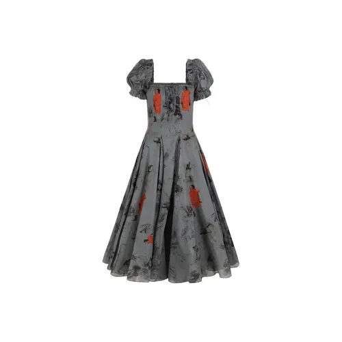 Selkie Collection Short Sleeved Dresses Women's Gray Green Base With Painting Draft Print