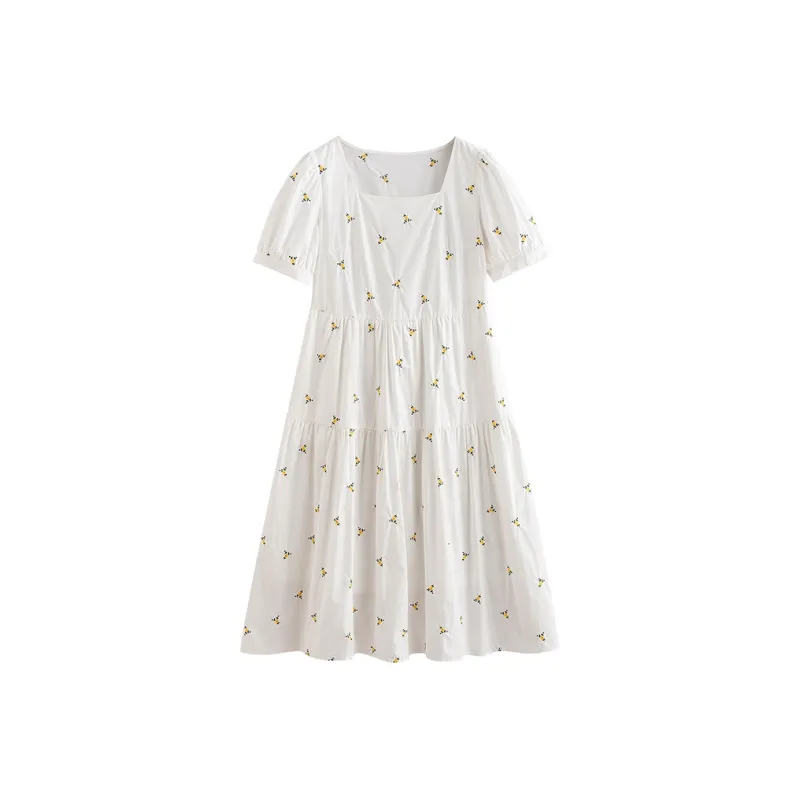 Initial Language Short Sleeved Dress Women's White Base Yellow Floral-0