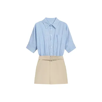 XIAOJUCHUANLI Short Sleeved Dress Women's Blue Stripes Pattern Color