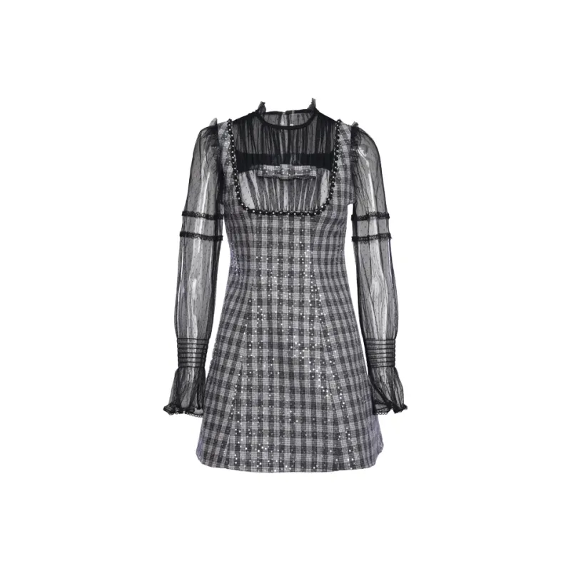 XOOR Long Sleeved Dresses Women's Black White Plaid-0