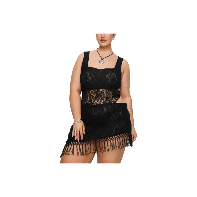 PRINCESS POLLY DAKARIE LACE MINI DRESS CURVE Sleeveless Dress Women's BLACK/Black-0