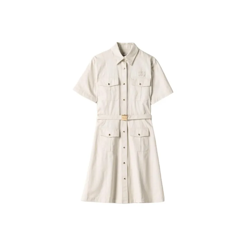 MIU MIU Logo-Patch Belted Shirt Dress-0