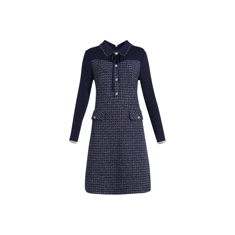 QIAOWANNI Long Sleeved Dresses Women's Dark Blue-0