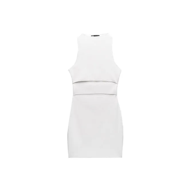 ZARA Cropped Solid Color Crew Neck Sleeveless Dress Women's White-0