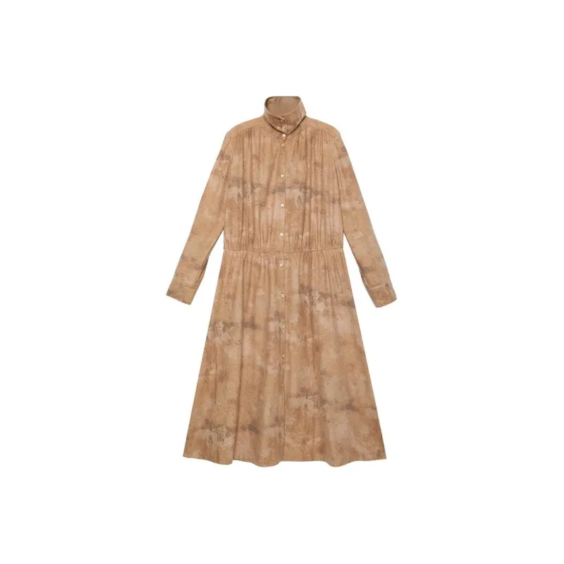Half Circle Long-Sleeved Dresses Women's Patchwork Khaki-0