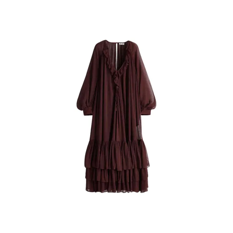 H&M THE WHITE LOTUS Collaboration Long Sleeved Dresses Women's Burgundy-0