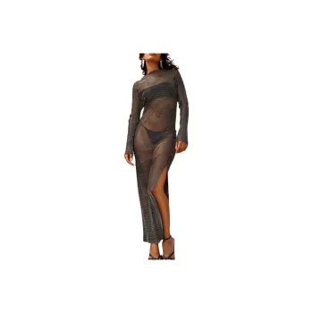 NASTY GAL Diamante Fishnet Slash Neck Maxi Dress Long-Sleeved Dresses Women's Black