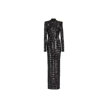 BALMAIN High-Neck Long-Sleeved Maxi Dress