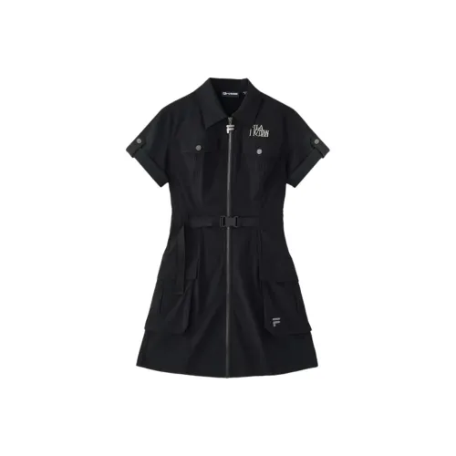 FILA FUSION Chinese Olympic Skateboarding Series Short Sleeved Dresses Women's Jet Black
