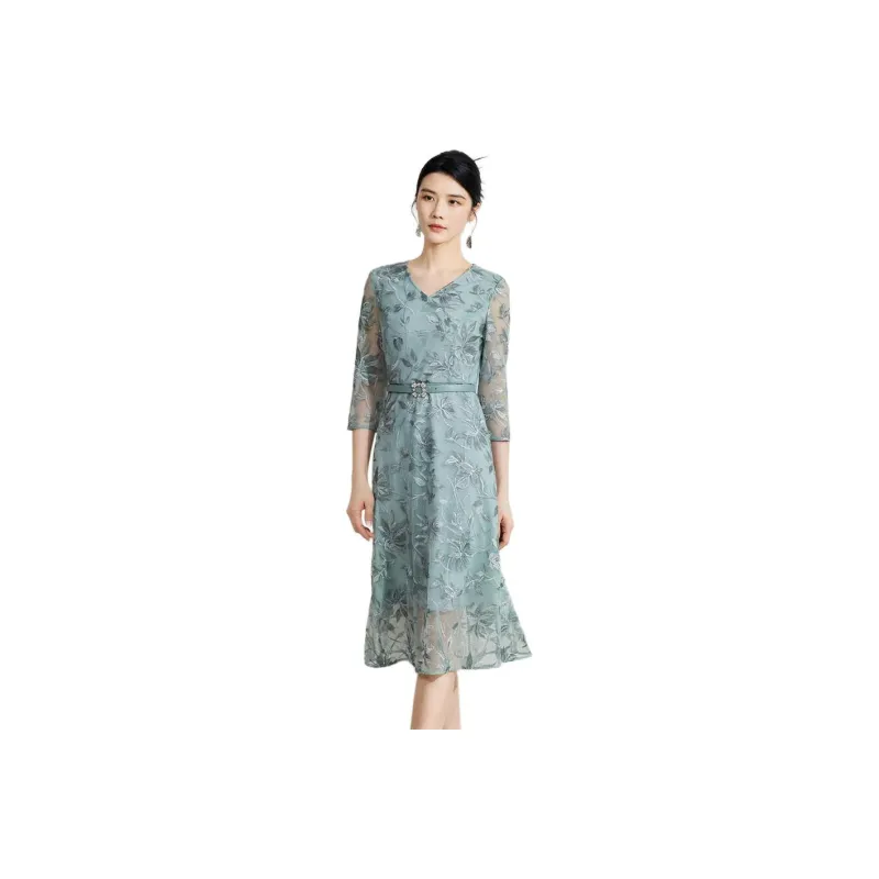 BBLLUUEE Long Sleeved Dress Women's Teal Green-0