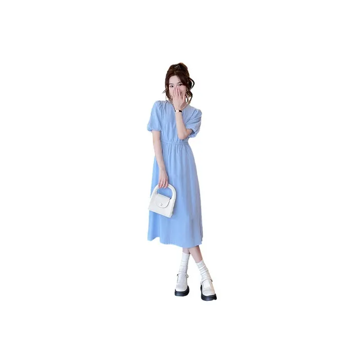 Tonlion Short Sleeved Dress Women's Blue-0