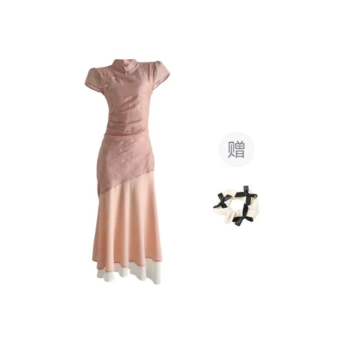 TORIGHT Short Sleeved Dress Women's Orange Pink+Bowknot Hair Tie Comes With