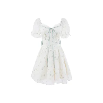 Blovelan Short Sleeved Dresses Women's Apricot Green Floral; Dress