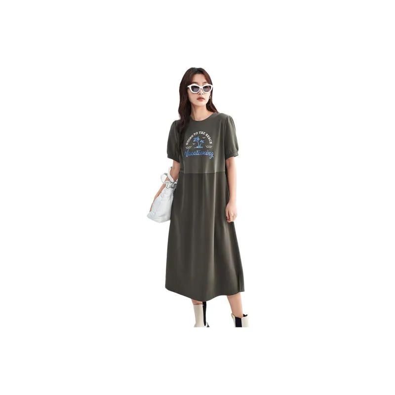 Initial Language Short Sleeved Dresses Women's Copper Green-0
