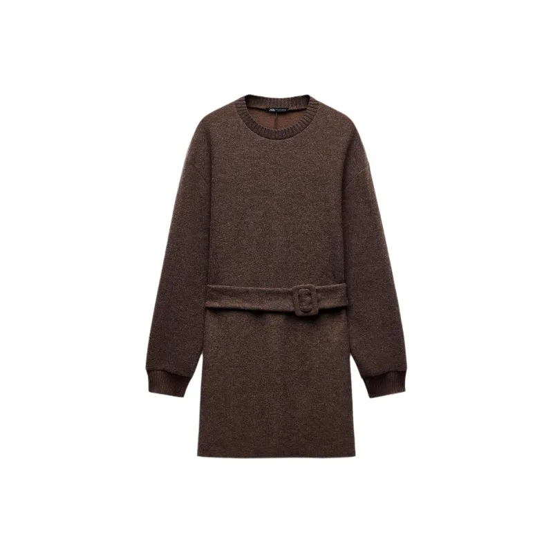 ZARA Long Sleeved Dress Women's Brown-0