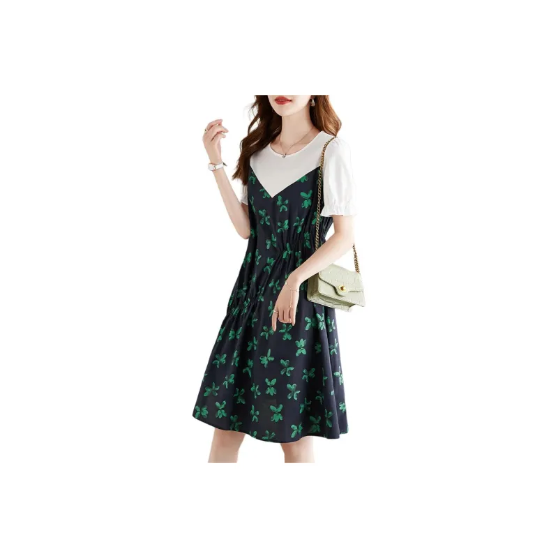 Mo Han Yi Mei Short Sleeved Dress Women's Navy Blue & White-0