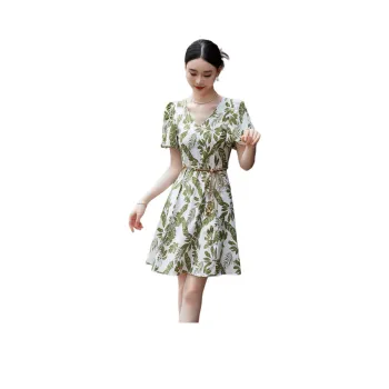 Hang Yi Court Short Sleeved Dress Women's Beige With Green Print