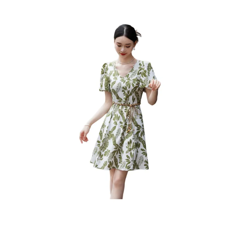 Hang Yi Court Short Sleeved Dress Women's Beige With Green Print-0
