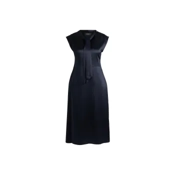 HUGO BOSS Sleeveless Silk Dress With Tie Neckline Sleeveless Dress Women's Dark Blue