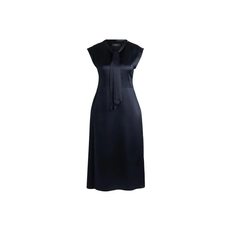 HUGO BOSS Sleeveless Silk Dress With Tie Neckline Sleeveless Dress Women's Dark Blue-0