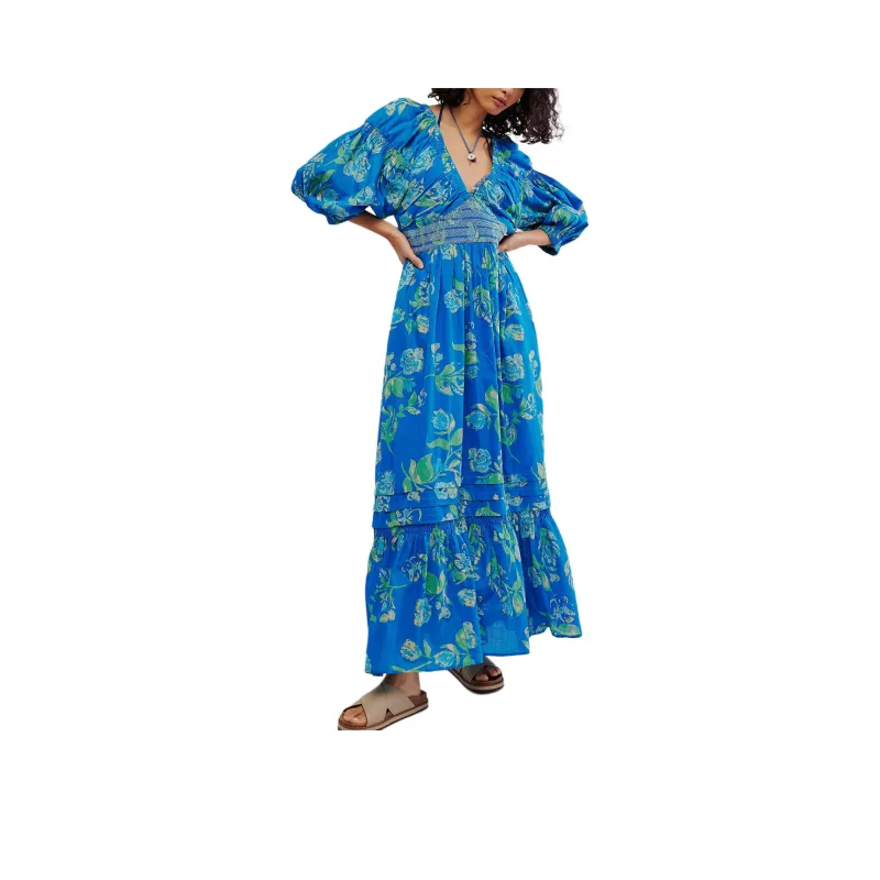 FREE PEOPLE Golden Hour Maxi Dress Long-Sleeved Dresses Women's Cornflower Combo-0